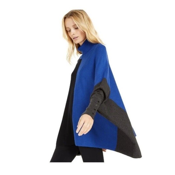 Alfani‎ Black Blue Grey Colorblock Asymmetrical Hem Turtleneck Poncho Sweater Sm - Picture 2 of 13